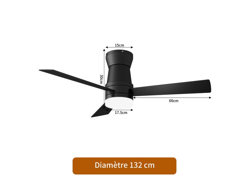  Ventilateur de plafond avec éclairage led, 6 vitesses de ventilation, noir, 52 ​​pouces - 3 pales  - Conforama C