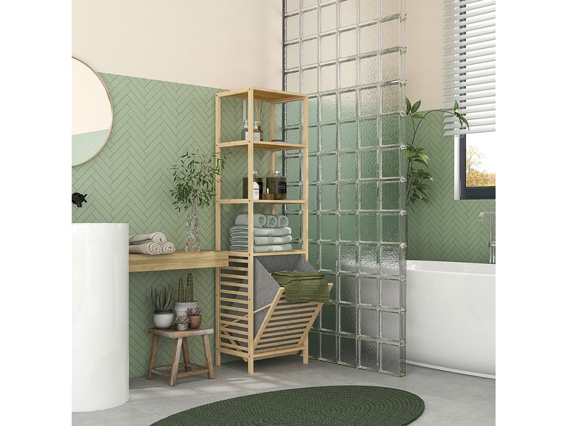 Étagère de salle de bain 44x33x160 cm – bambou naturel – 3 étagères avec panier à linge basculant - Conforama B
