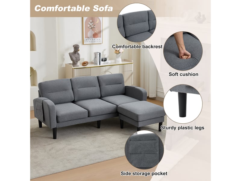 Canapé d'angle en l gris, 3 places avec méridienne confortable, canapé modulable en tissu avec poches de rangement pour salon, 204x136x80 cm - Conforama E