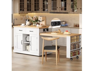 Îlot de cuisine 142x55x93 cm avec 2 plans de travail coulissants blanc