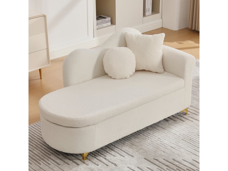 Méridienne 134x64x70cm, banc, rangement, coussins, pieds en métal, pour chambre, salon, bois, tissu teddy, beige blanc  - Conforama W