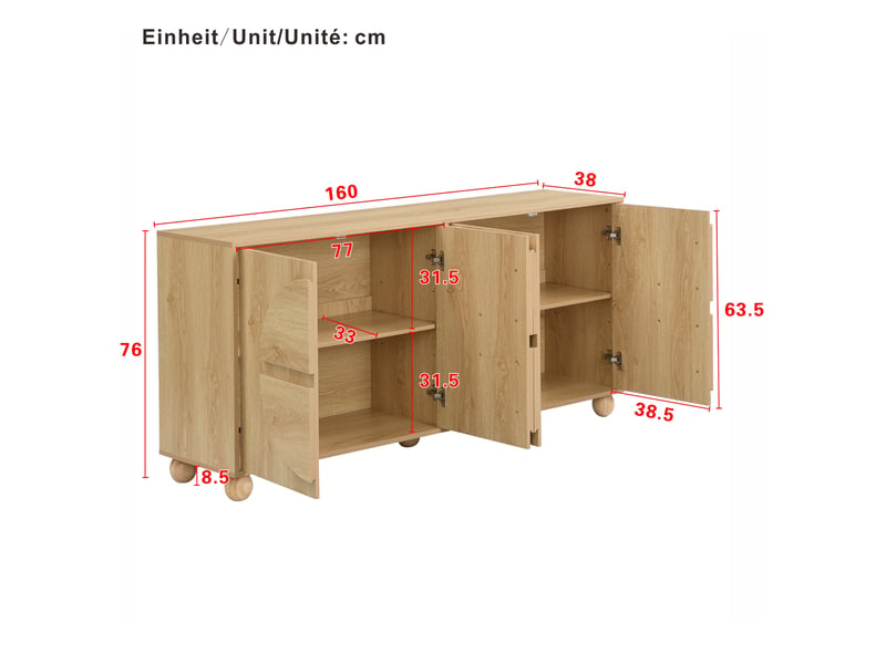  Buffet 4 portes 160x38x76 cm relief circulaire mdf bois naturel  - Conforama E