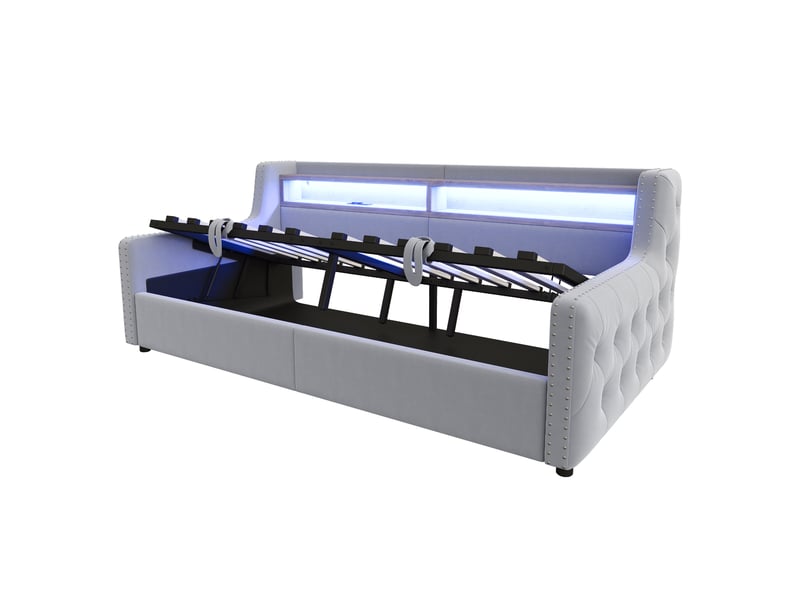 Lit coffre enfant 90x200 cm canapé-lit avec rangement et led, velours, gris clair, sans matelas - Conforama D