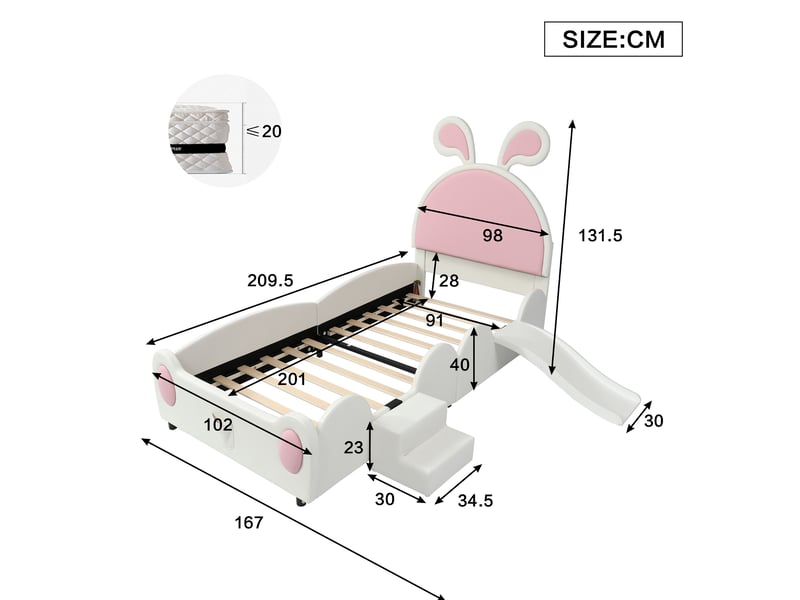  Lit enfant avec toboggan réversible et escalier 90x200 cm oreilles de lapin simili cuir blanc rose  - Conforama E