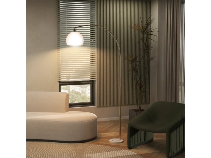  Lampadaire à tête courbée, blanc, socle en marbre, abat-jour plastique, interrupteur au pied  - Conforama E