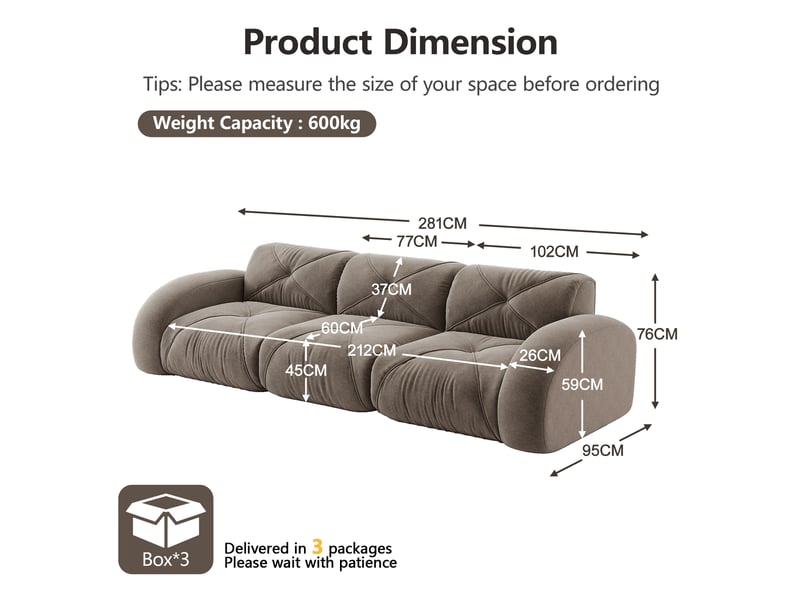 Canapé modulaire 3 places en chenille avec assise moelleuse et structure stable, taupe - Conforama E