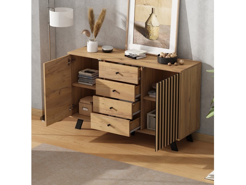  Buffet de salon 120 x 38 x 75 cm – noir et bois naturel – 4 tiroirs, 2 placards et grand rangement  - Conforama B