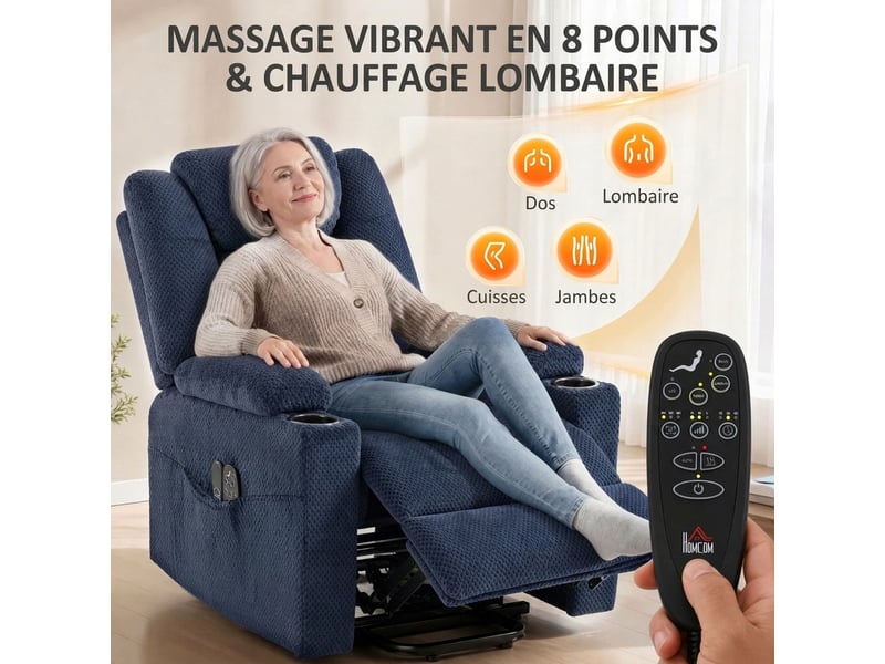  Fauteuil releveur électrique massage vibration et chaleur, fauteuil relax électrique en velours, dossier inclinable bleu  - Conforama D