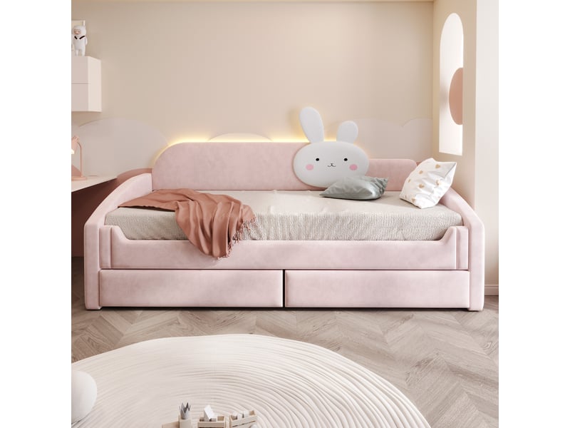  Lit enfant rembourré 90×200cm canapé lit lit capitonné en velours avec led dossier lapin 2 tiroirs - rose  - Conforama D