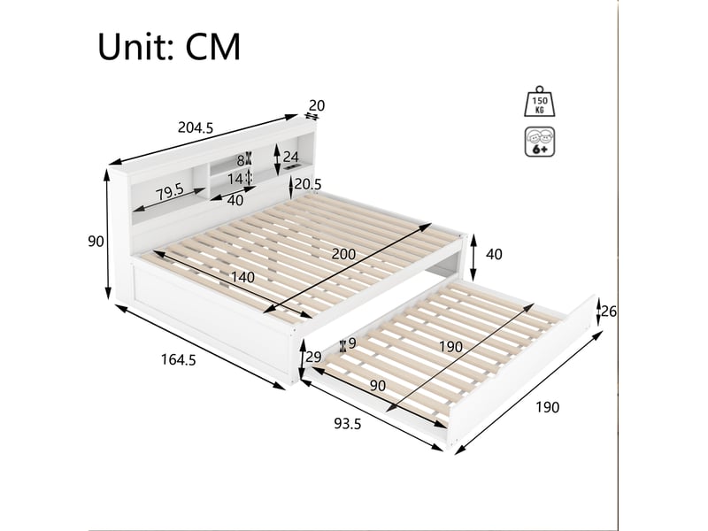  Lit gigogne 140x200 cm avec led, prises usb, rangement et lit tiroir blanc  - Conforama C
