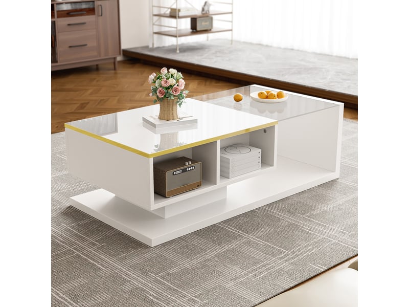 Table basse 100x50x32,5 cm avec led et plateau en verre trempé, rangement fermé et niche, panneaux de particules, blanc ABC - Conforama B