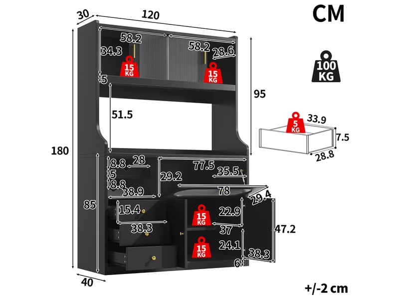  Meuble haut de cuisine 120x40x180 cm, éclairage led, portes vitrées, portes relevables, 3 tiroirs, mdf et métal, noir  - Conforama C