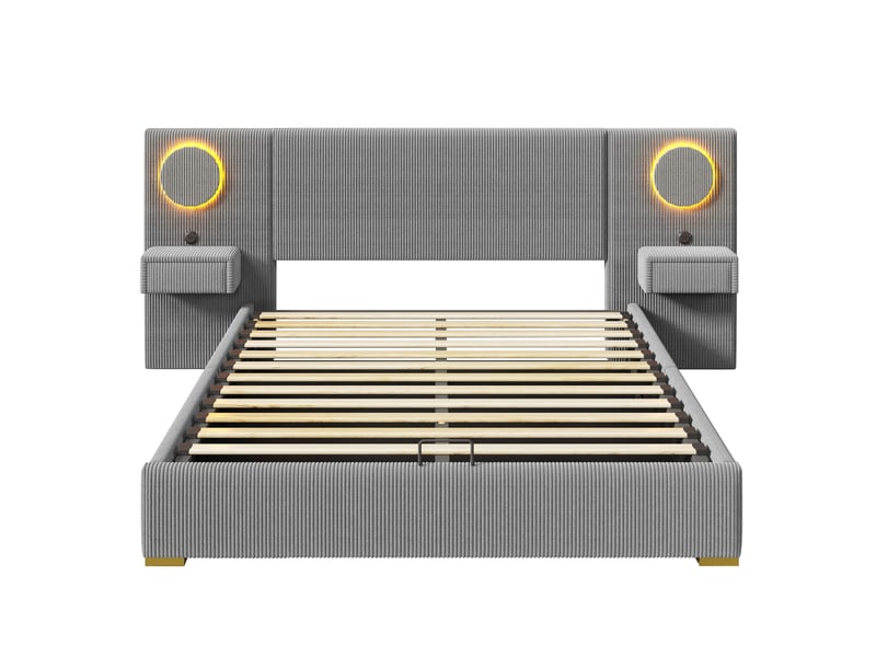  Lit coffre 180 × 200 cm 2 places avec rangement hydraulique, led, usb et tête de lit en velours, sans matelas, gris  - Conforama E