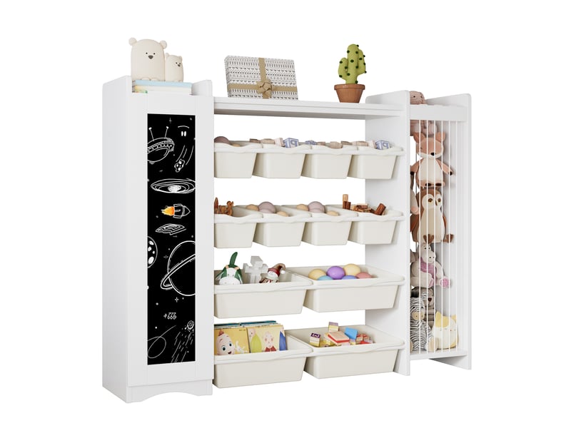 Bibliothèque enfant avec 12 bacs, tableau noir et filet à peluches, meuble de rangement en mdf blanc avec espaces de rangement 136,5 x 30 x 110 cm - Conforama A