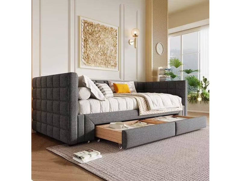 Lit extensible 90x200 cm en velours gris avec 2 tiroirs - Conforama D