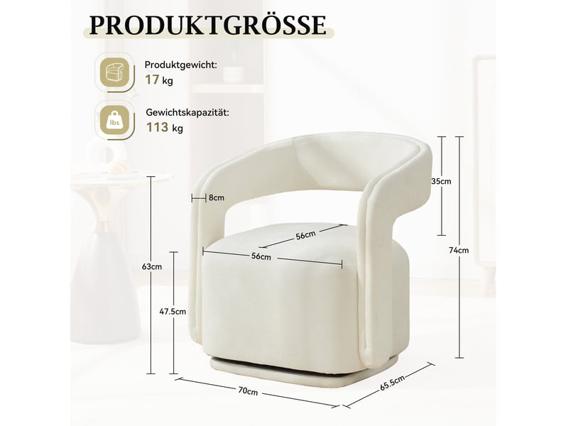  Fauteuil 70x65,5x74 cm, pivotant 360°, design tonneau, confort ergonomique, tissu chenille, canapé une place, blanc  - Conforama C