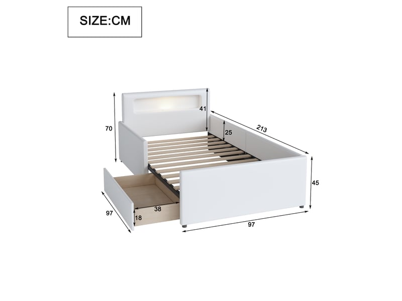  Lit enfant 90x200 cm en similicuir blanc, veilleuse, usb, rangements et barrières latérales hautes  - Conforama C