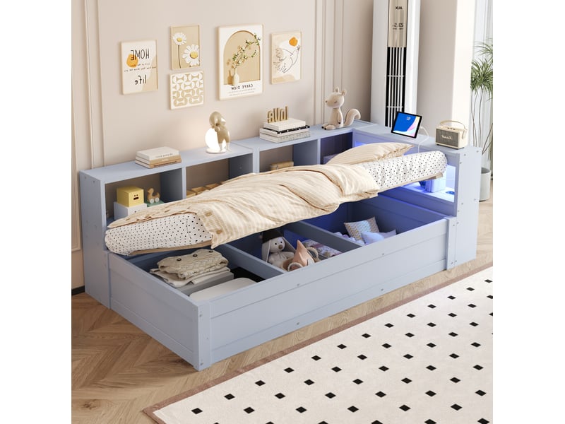  Modenvie lit banquette 90x200 cm - avec rangement, led et prise intégrée - pour petit espace - gris  - Conforama B