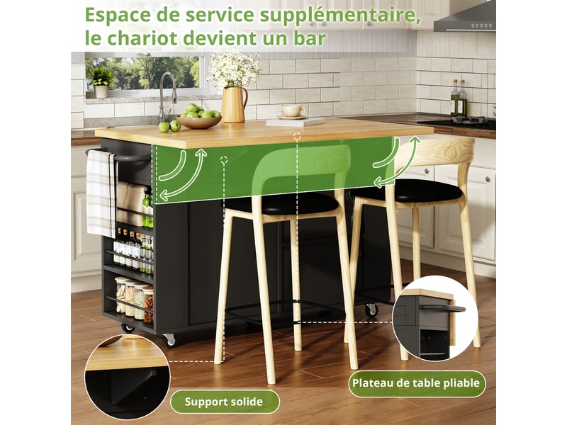  Desserte de cuisine avec plan rabattable, rangements et roulettes en mdf 120×45(70)×84 cm naturel noir  - Conforama C