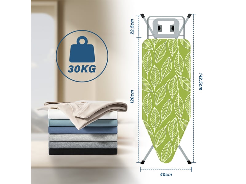  Table à repasser 120 x 45 cm,planche à repasser pliable,avec housse en 100% coton,support de fer intégré, pieds antidérapants(feuille verte)  - Conforama D