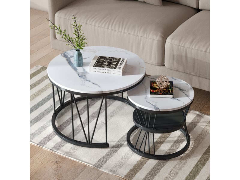 Lot de 2 tables gigognes rondes  ø70 et ø45cm, motif marbré, meuble, rangement, support en forme de v, mdf, blanc  - Conforama B