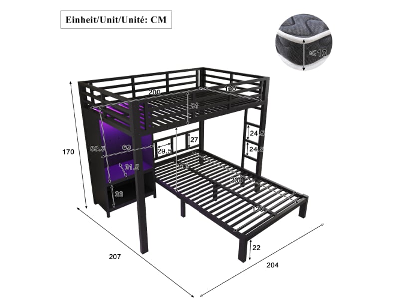  Lit métal 120×200cm, superposé, 2 couchages, échelle + armoire + led, noir  - Conforama C