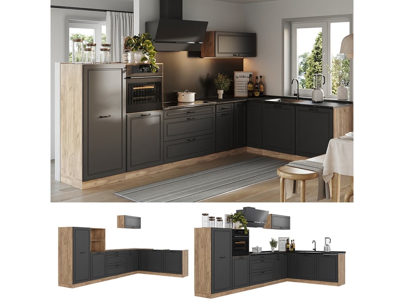  Vicco cuisine en angle, anthracite campagnechêne doré, 347 x cm plan de travail chêne doré  - Conforama D