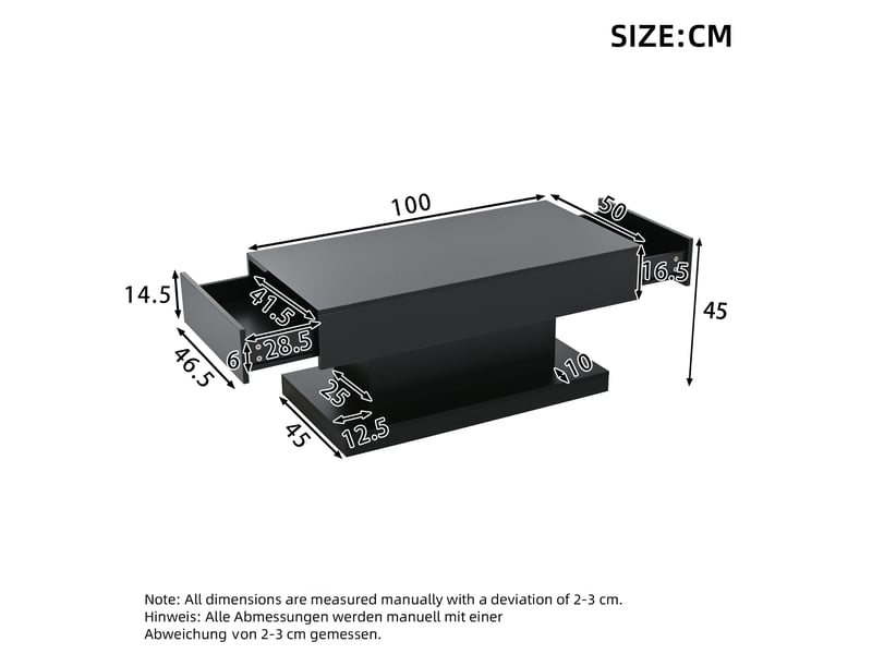 Table basse noire 100x50x45 cm avec 2 tiroirs, led, haute brillance, design épuré pour salon  - Conforama C