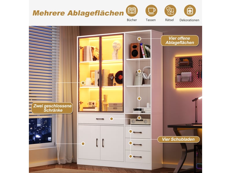  Armoire vitrine 4 portes et 4 tiroirs avec led blanc 120 x 35 x 200 cm N625P454723724725W - Conforama E