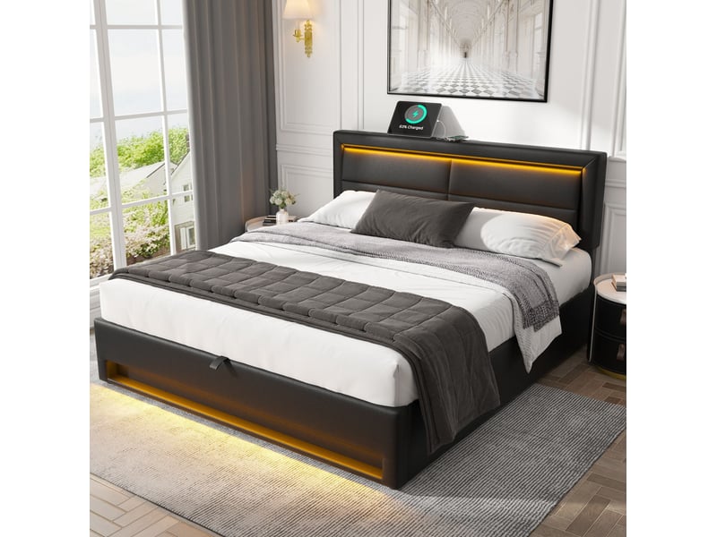 Lit coffre 160x200 cm noir en pu, led et charge usb  - Conforama D