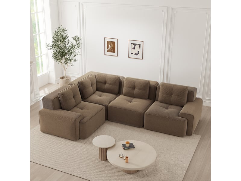 Canapé d'angle modulaire avec assise basse, accoudoirs larges et pieds antidérapants, en velours côtelé marron - Conforama B
