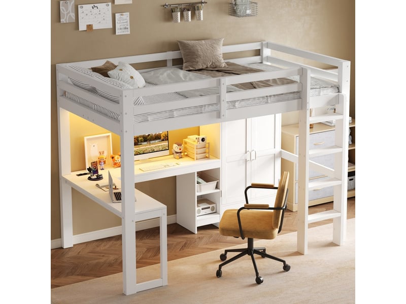  Lit mezzanine 90x200 cm avec bureau, étagères, armoire, port usb et éclairage led, blanc  - Conforama D