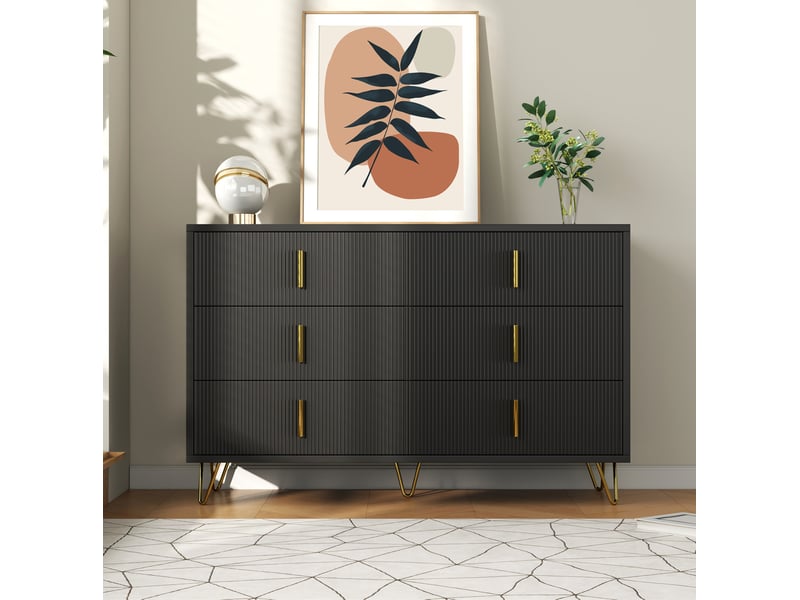  Commode bas 120x77x40 cm 6 tiroirs design moderne surface ondulée poignées pieds dorés panneau particules noir et doré  - Conforama R