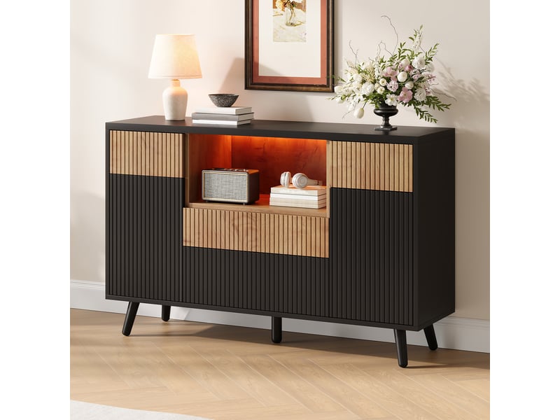  Buffet bas 130x38x85 cm avec 4 tiroirs, led rgb, rangements de porte, étagères réglables, façades rainurées, mdf effet bois naturel et noir  - Conforama C