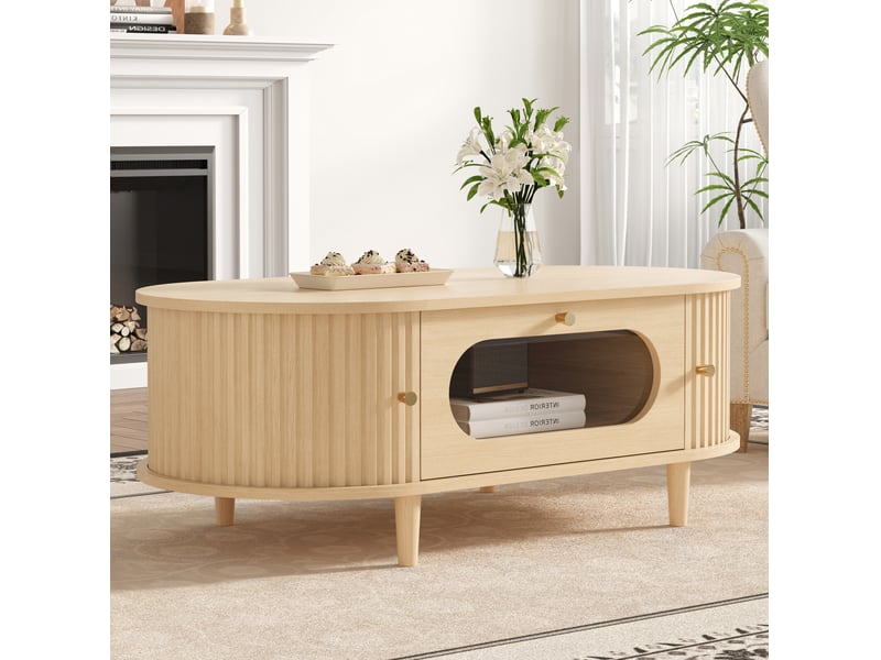 Table basse 100x50x36 cm avec tiroir et 2 portes à rideau, finition chêne - Conforama B