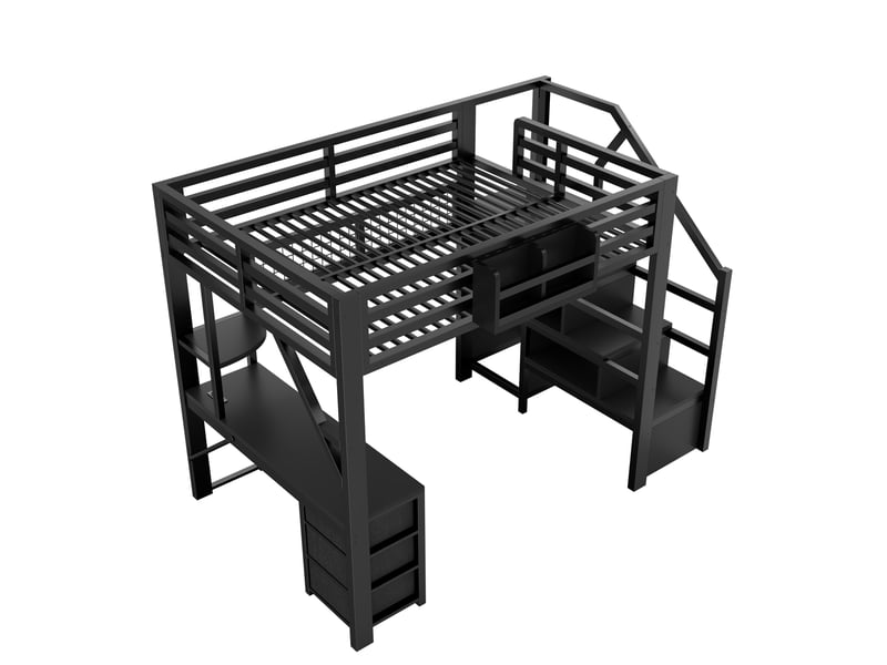  Lit mezzanine 140x200 cm noir, avec bureau, 3 tiroirs, rangements, penderie, led, structure métal, sommier inclus, sans matelas  - Conforama E