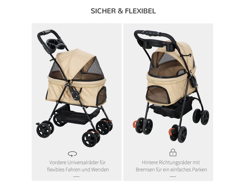  Poussette pour votre petit compagnon pliable kaki en tissu oxford, 4 roues doubles avec freins, idéale pour petits compagnons  - Conforama E