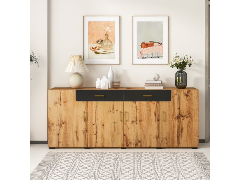 Buffet 4 portes 2 tiroirs, meuble de rangement 208 x 39,5 x 80 cm, finition chêne et noire, étagères intérieures - Conforama W