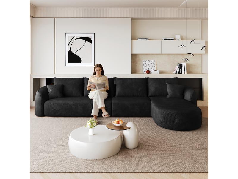  Canapé d’angle droit en l 5 places 336x168x85 cm, modulable sans structure en mousse compressée, sans montage, salon chambre, chenille, noir Sol Morn - Conforama E