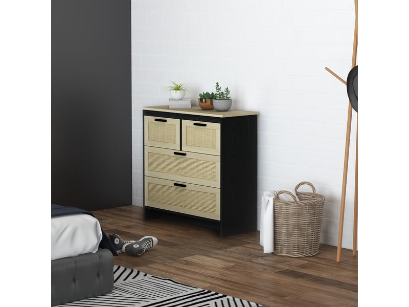  Commode à 4 tiroirs en aggloméré et rotin pour salon et chambre, 80 x 38 x 80 cm  - Conforama C