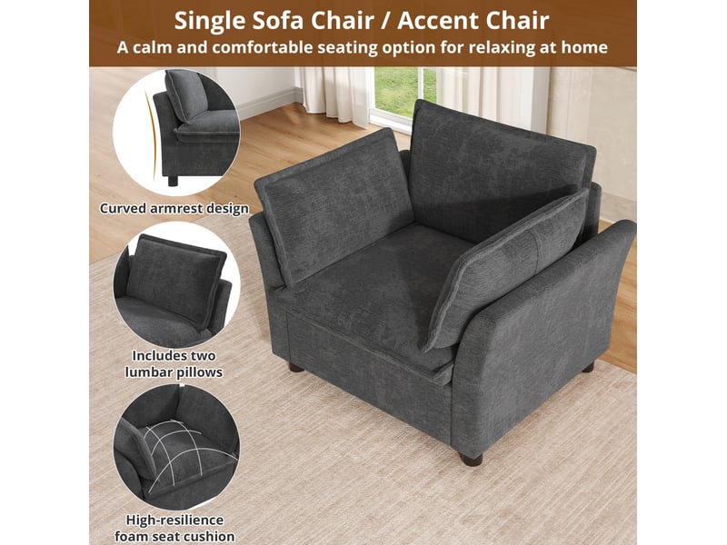  Fauteuil relax 1 place 90x81x87 cm, accoudoirs courbés, coussins amovibles, assise à ressorts, chenille gris  - Conforama E