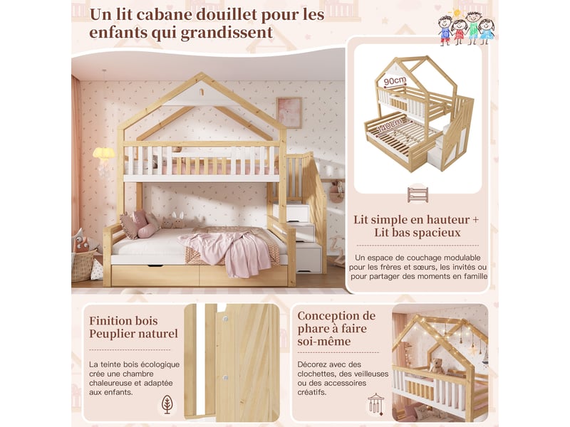  Lit superposé cabane familial 90 x 200 et 140 x 200 cm, 3 places, escalier avec rangement, 2 tiroirs, certifié en 747, blanc et chêne  - Conforama D