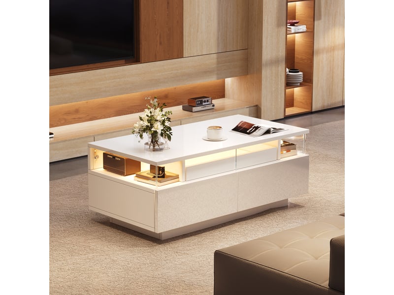  Table basse blanche brillante avec led 90x45cm - 2 tiroirs acrylique et plateau amovible  - Conforama C