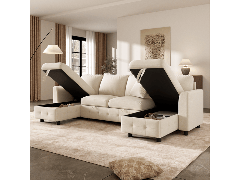 Canapé d’angle convertible en u modenvie 4 places en chenille beige avec 2 rangements, usb et type-c 260 x 128 x 82 cm - Conforama D