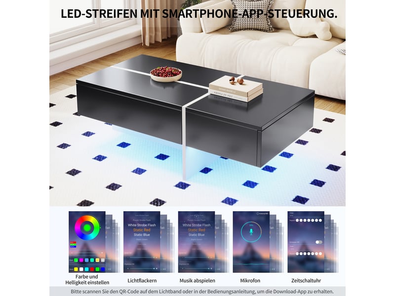  Table basse avec 3 tiroirs et led pilotées par application pour salon 100×50×34,5 cm noire  - Conforama C