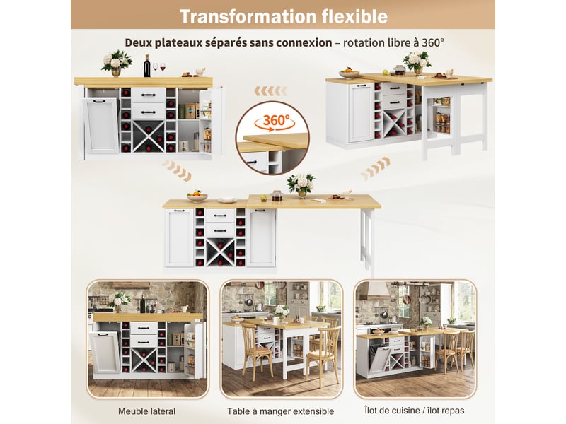  Îlot central de cuisine blanc 120x40x74cm pivotant rangement tiroirs portes casier à vin mdf et métal cuisine rangement pratique  - Conforama D
