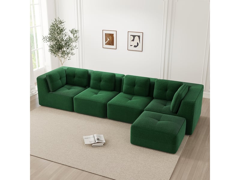 Canapé d’angle modulable 4 places velours côtelé vert – 386 x 177 x 69 cm Fay Lum - Conforama D