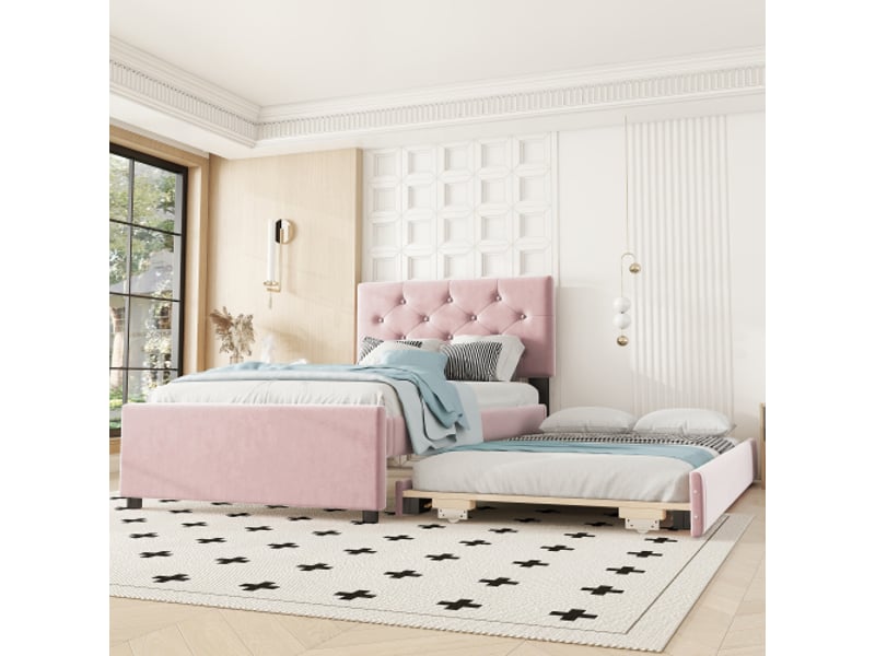  Lit gigogne 90x200 cm, avec tiroir et tête de lit capitonnée, en tissu, rose, sans matelas  - Conforama C