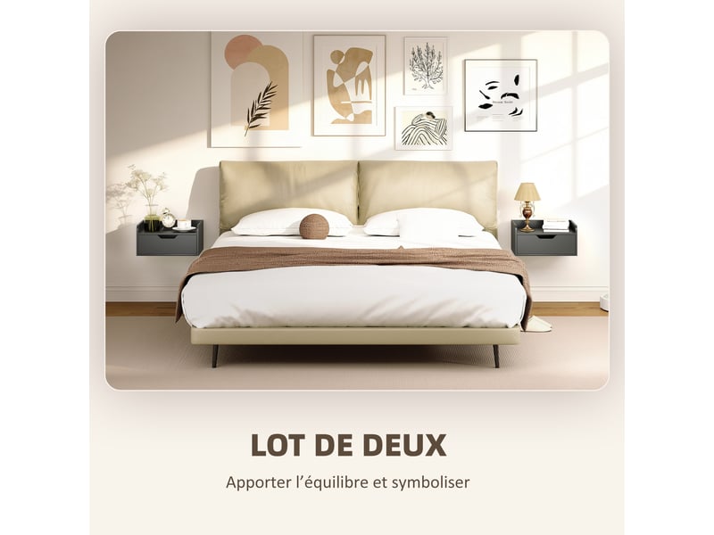 Lot de 2 tables de chevet murales tables de nuit suspendues tiroir plateau bois aspect dim. 40l x 30l x 19,5h cm  - Conforama A