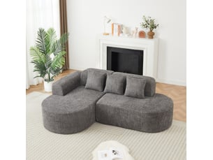 Canapé d'angle fixe 3 places en tissu gris anthracite, méridienne gauche et design arrondi moderne pour le salon